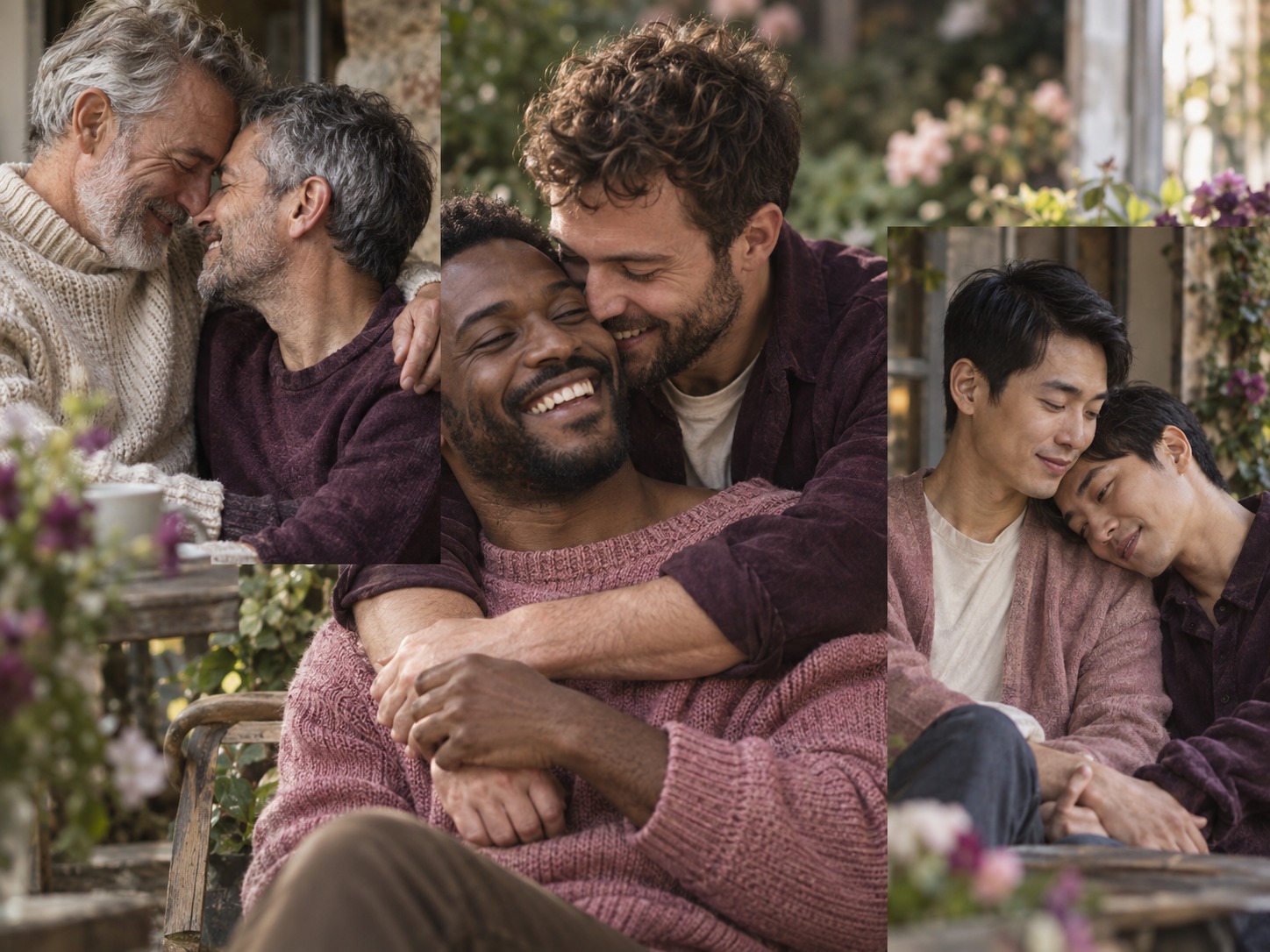 A warm editorial collage of three male couples of different ages and backgrounds sharing affectionate, joyful moments